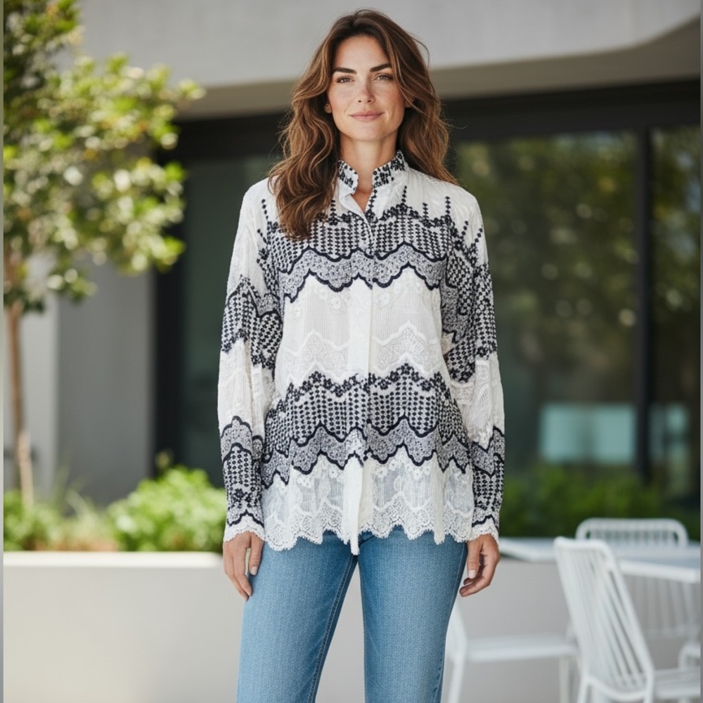 Chantilly Lace Blouse Black White Embroidered Long Sleeve Sz L